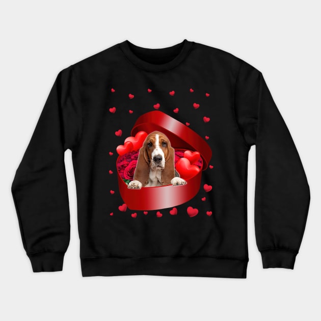 Basset Hound Dog In Sweet Heart Box Happy Valentine's Day Crewneck Sweatshirt by Benko Clarence